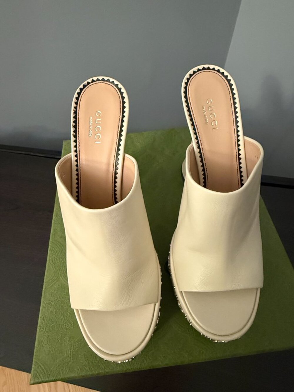 Gucci Mystic White Platform Slide Mules w/ Studs & Interlocking G - Size 9 - Picture 4 of 6